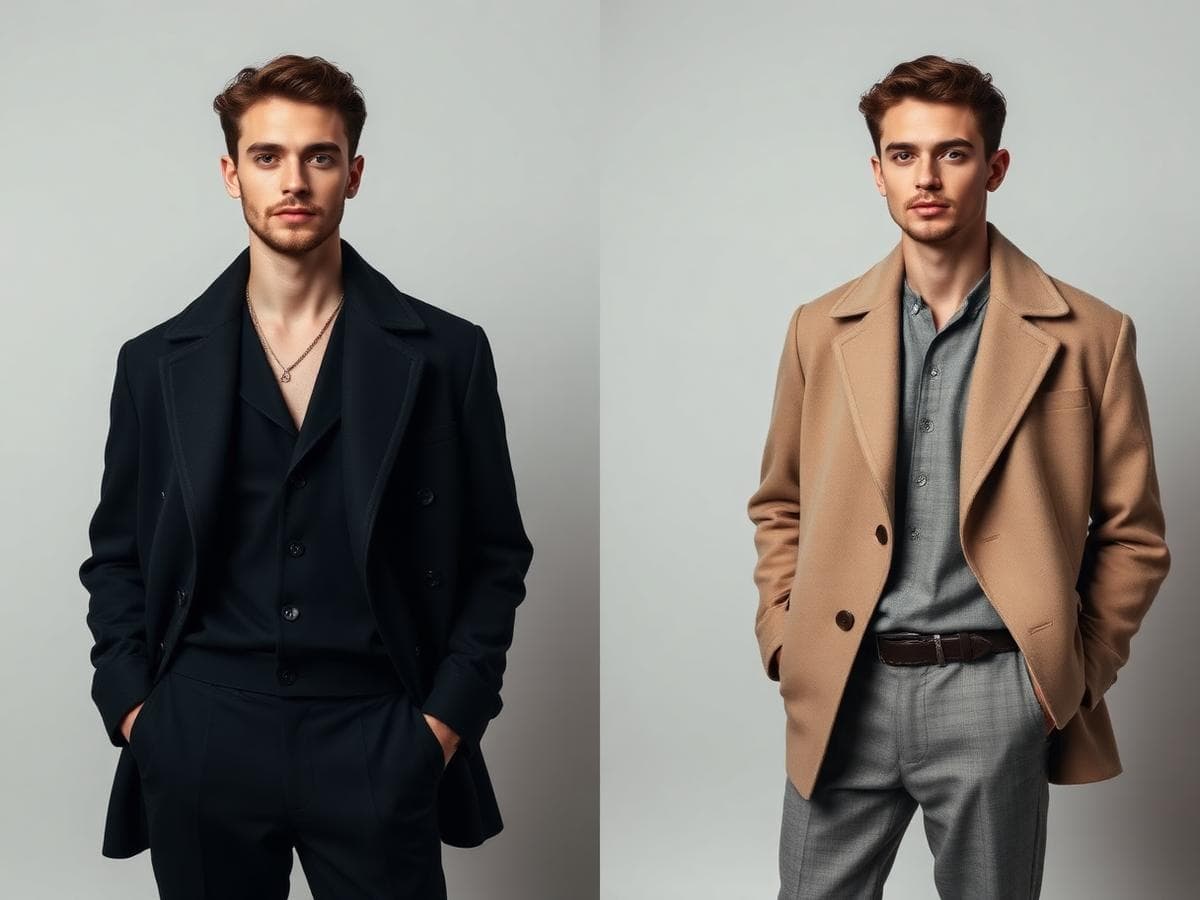 Two full-body portraits of the same man in different outfits shown side by side
