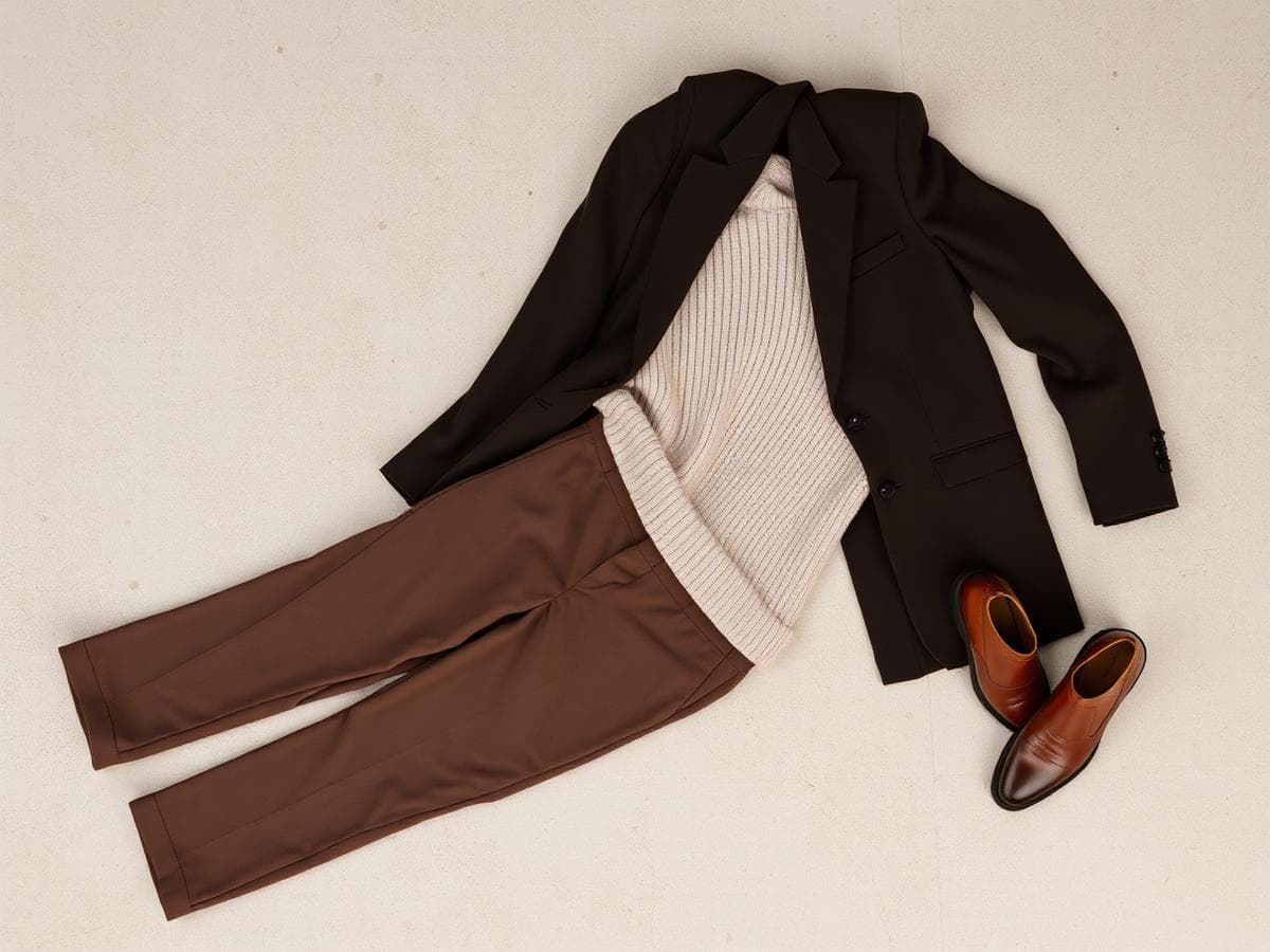 Complete outfit of blazer, knit top, trousers and leather shoes laid out flat