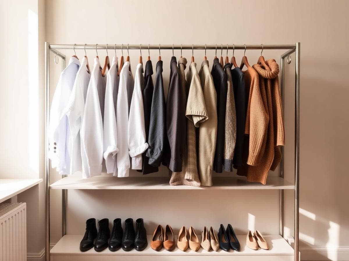 Organised wardrobe rail of shirts and knitwear with shoes lined up below