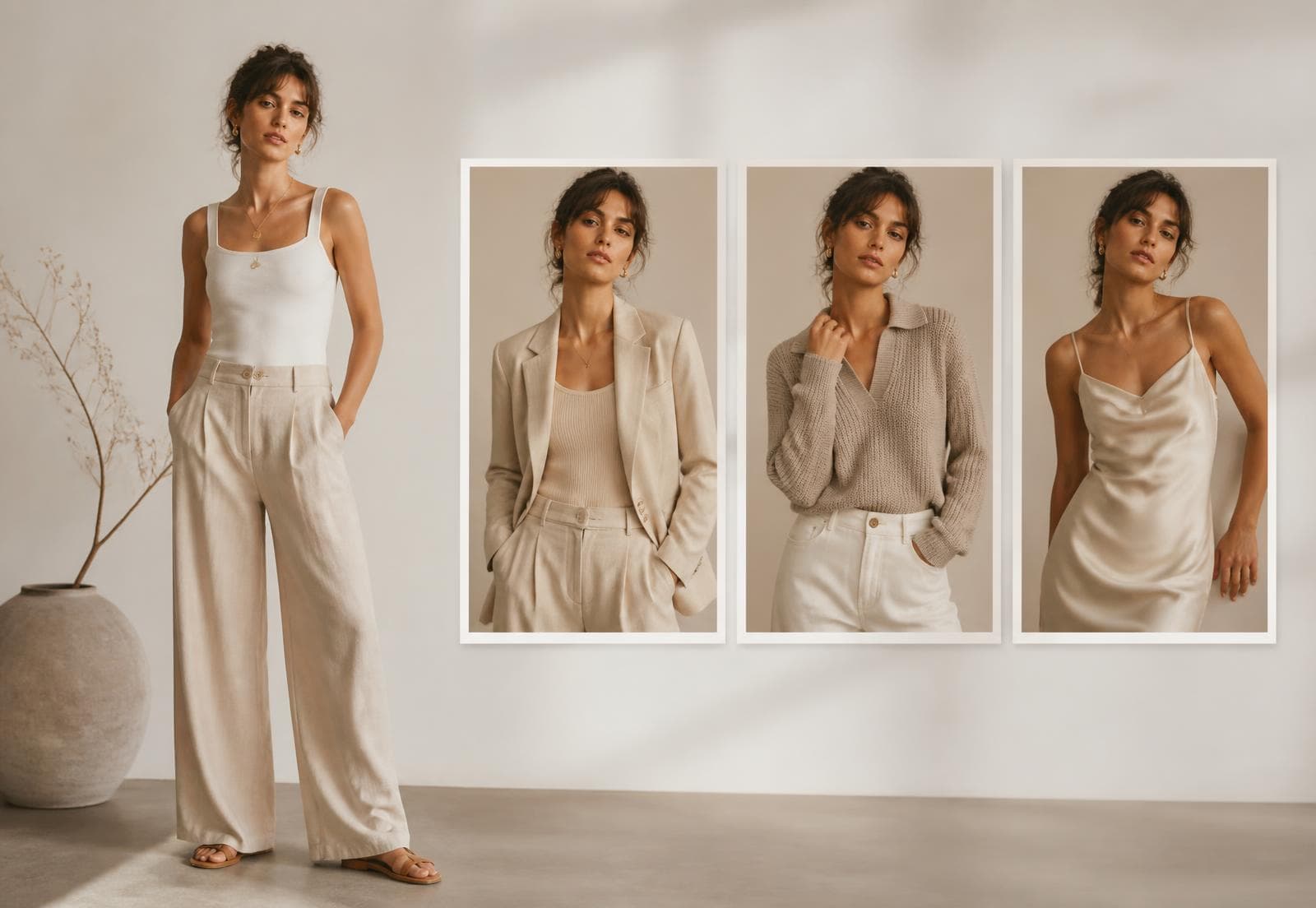 A woman photographed in a studio beside three framed try-on portraits of herself in different outfits