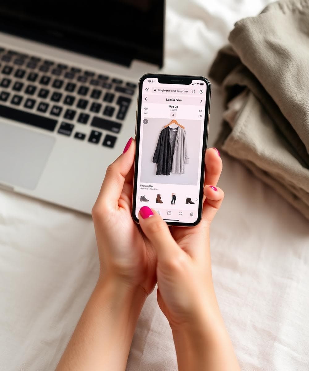 Hands holding a phone open on a clothing brand product page beside folded garments