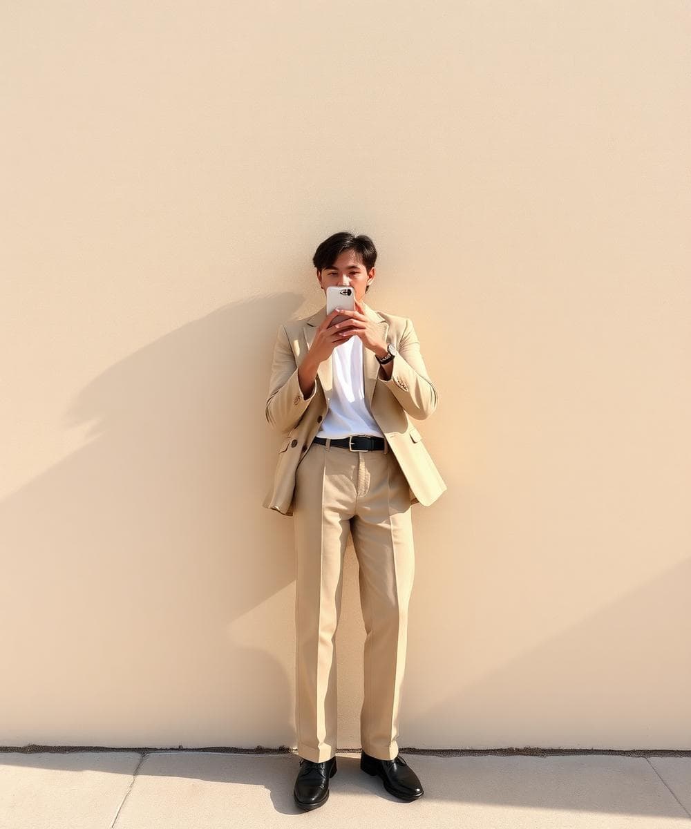 Person taking a full-body reference photo against a plain wall in daylight